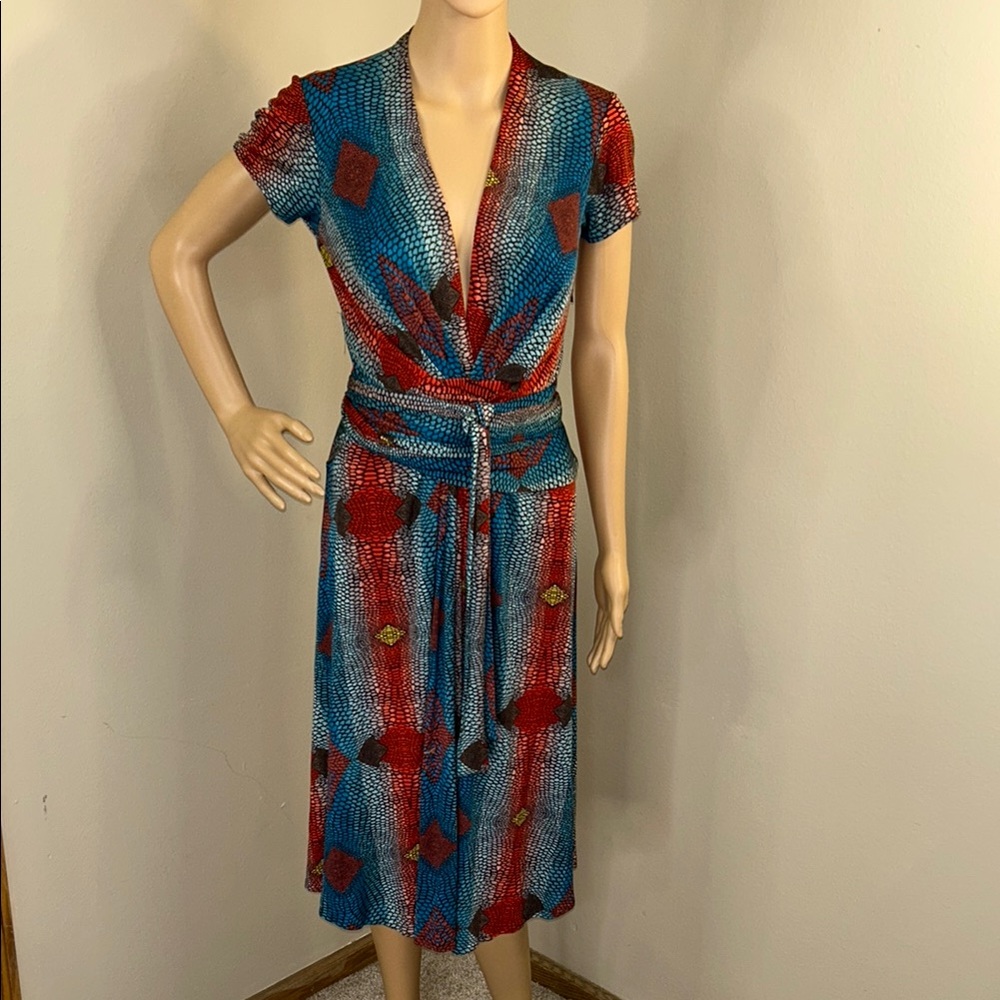 Issa London Red and Blue Patterned Midi Dress